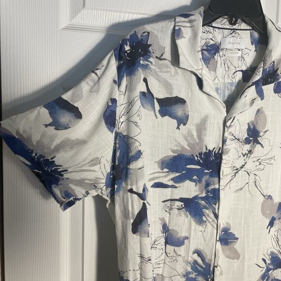 Porter Ash Shirt Men Large White Blue Floral Linen Blend Hawaiian Button Up - Picture 2 of 12